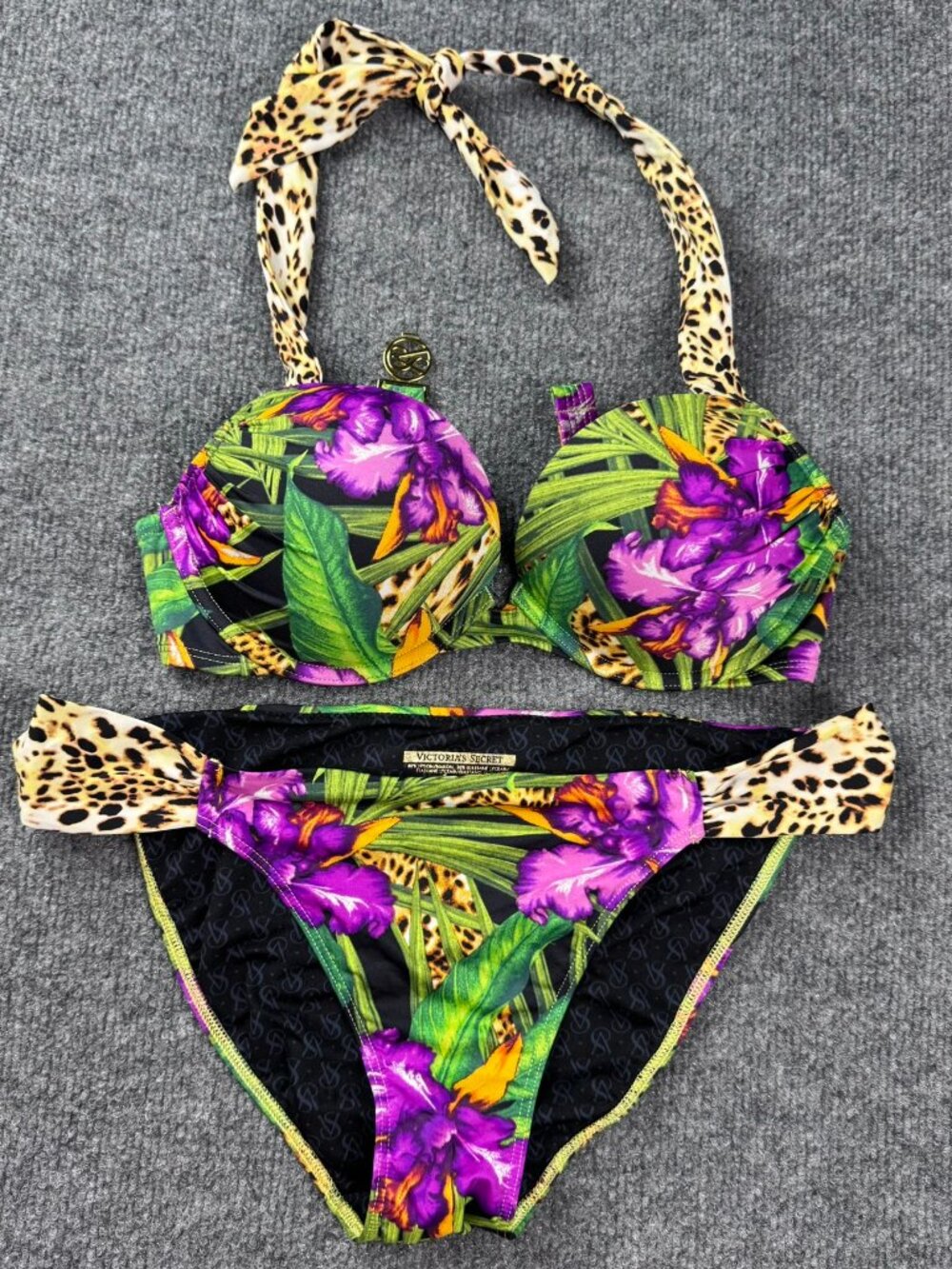 Victoria's Secret Bikini Set M Tropical Floral Leopard Print Halter Push-Up 2pc